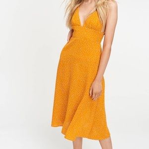 La Miel Mustard Yellow Polka Dotted Midi Dress